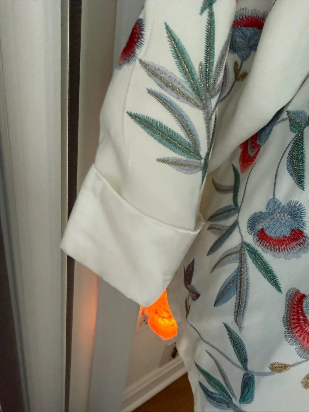 Colleen Lopez White Satin Kimono Robe with Red & Green Floral Embroidery